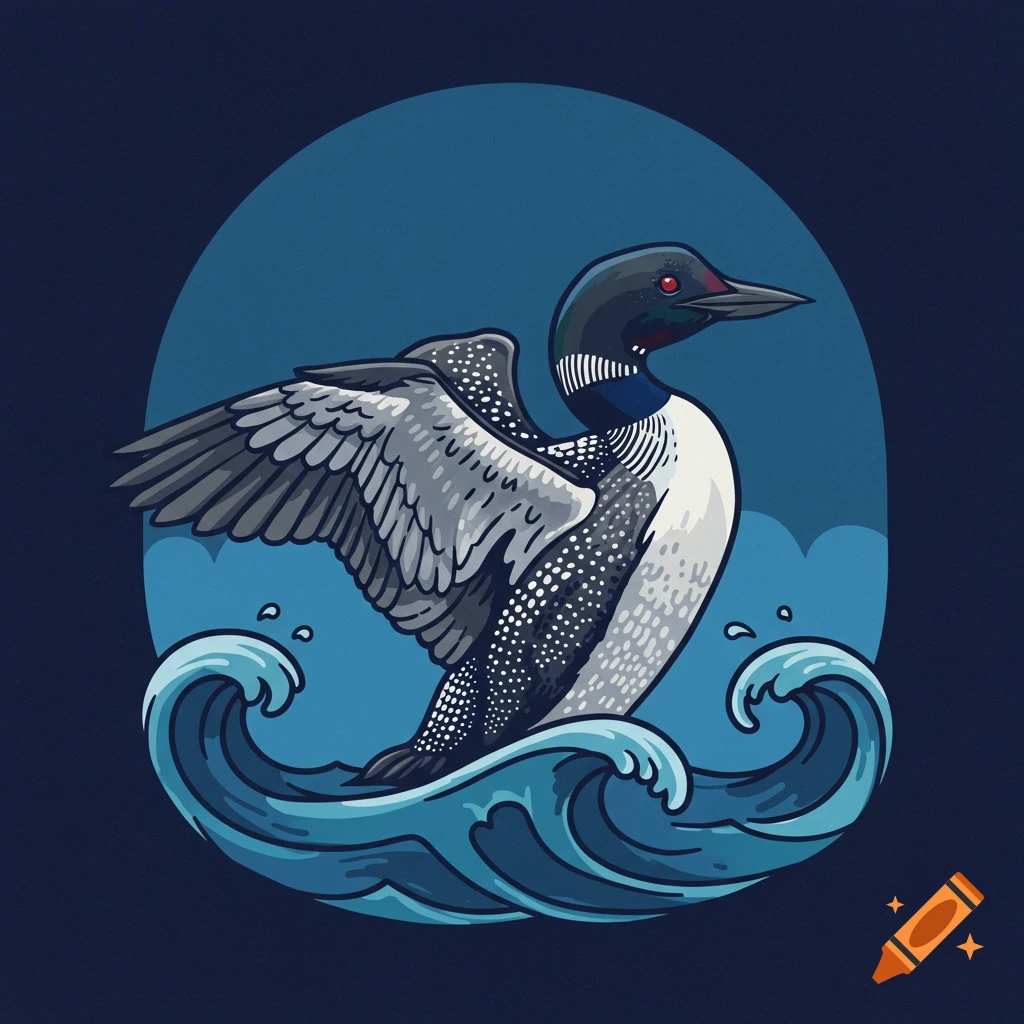 Stylized illustration of a loon bird rising out of blue waves in a heraldic style.