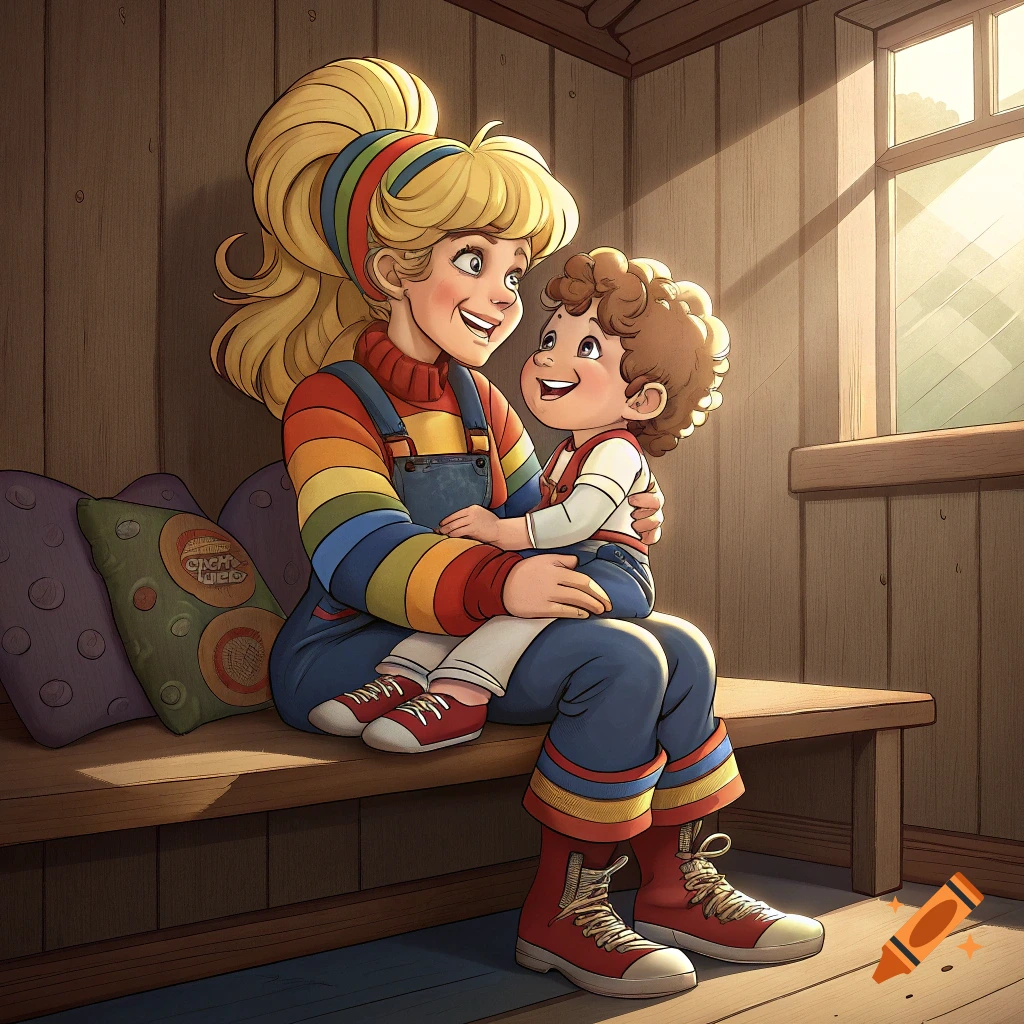 A woman wearing a rainbow-striped sweater and overalls holds a smiling boy on her lap in a wood-paneled room.
