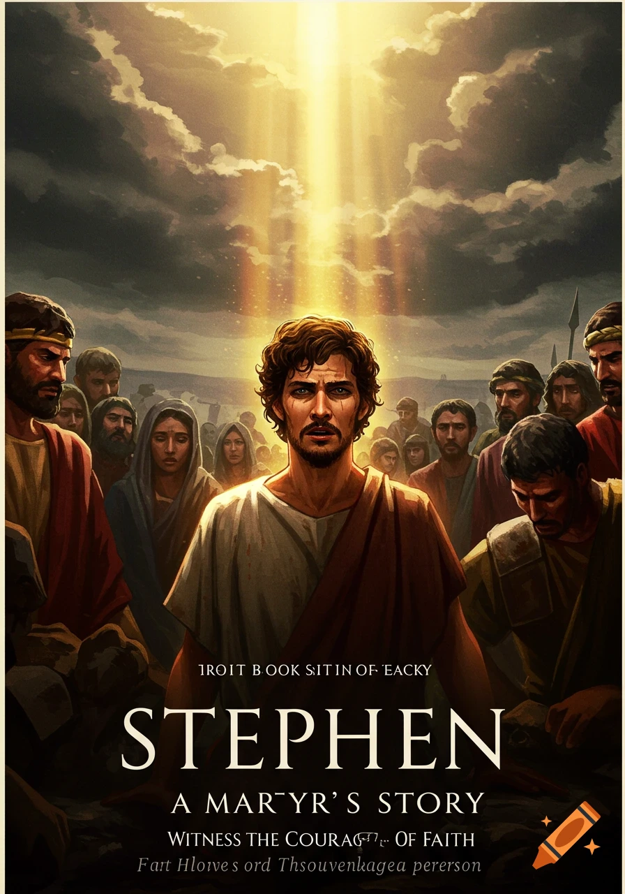 Illustration of a man looking up at light from the sky, surrounded by a crowd. Poster text reads "STEPHEN A MAR`YR`S STORY".