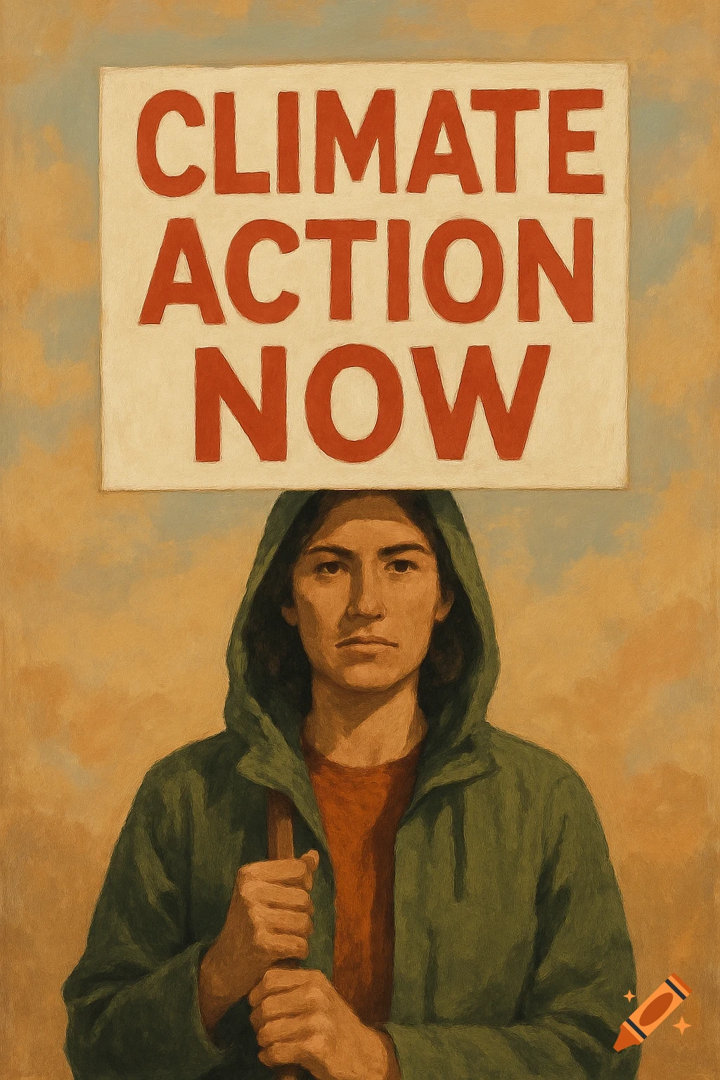 Painting of a person in a hood holding a sign that reads "CLIMATE ACTION NOW" against a cloudy sky.