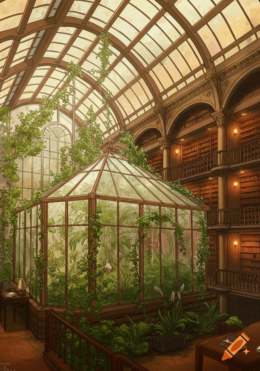 Illustration of a grand library interior with a large glass greenhouse filled with plants.