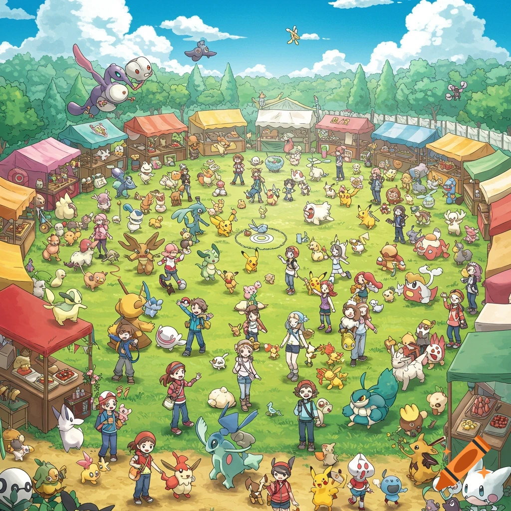 Many Pokemon and trainers at a lively outdoor fair.