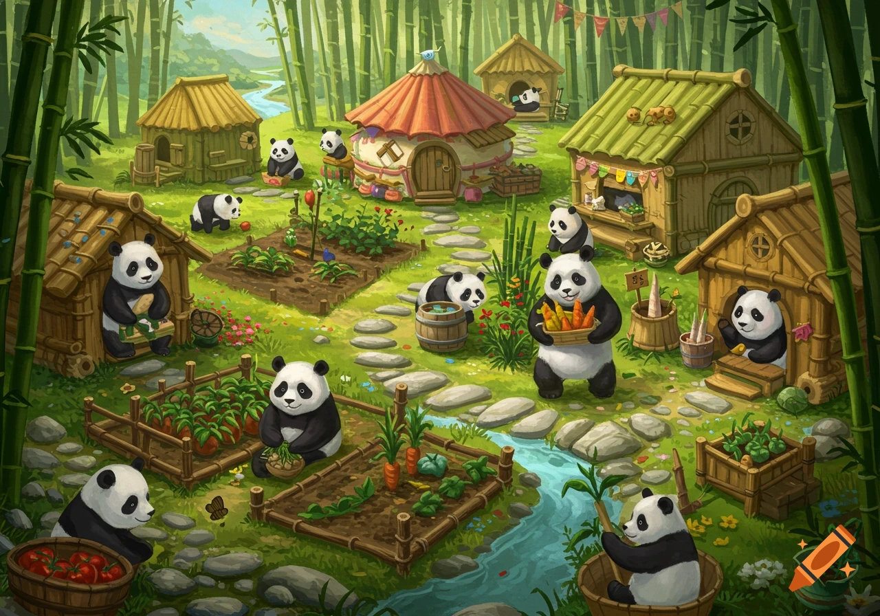 Cartoon illustration of pandas gardening and living in a village in a bamboo forest.