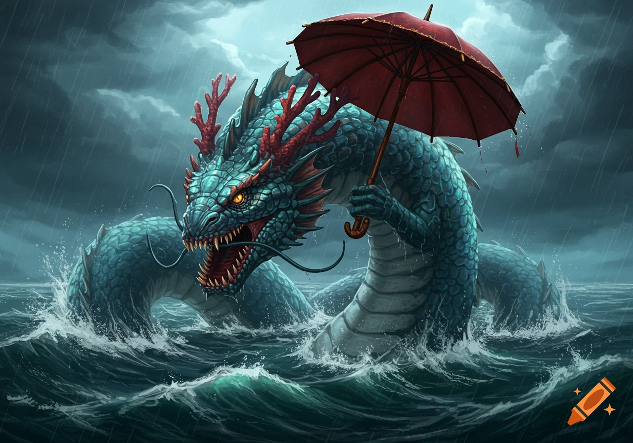A giant sea dragon holds a red umbrella while emerging from a stormy sea, digital illustration.