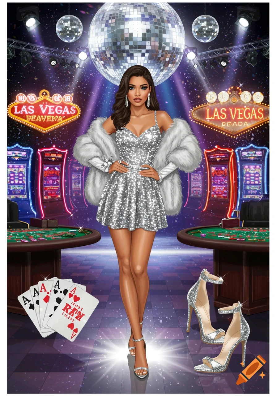 A woman in a sparkly silver dress and fur shrug poses in a casino setting with disco balls, slot machines, poker tables, and playing cards.