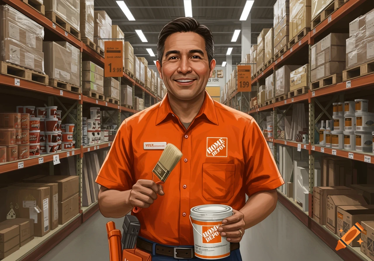 Man in an orange shirt holding a paint can and brush in a home improvement store aisle.