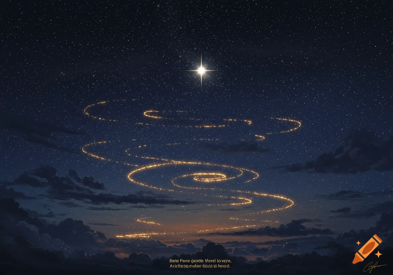 Night sky with bright star, swirling golden lights, and clouds below.