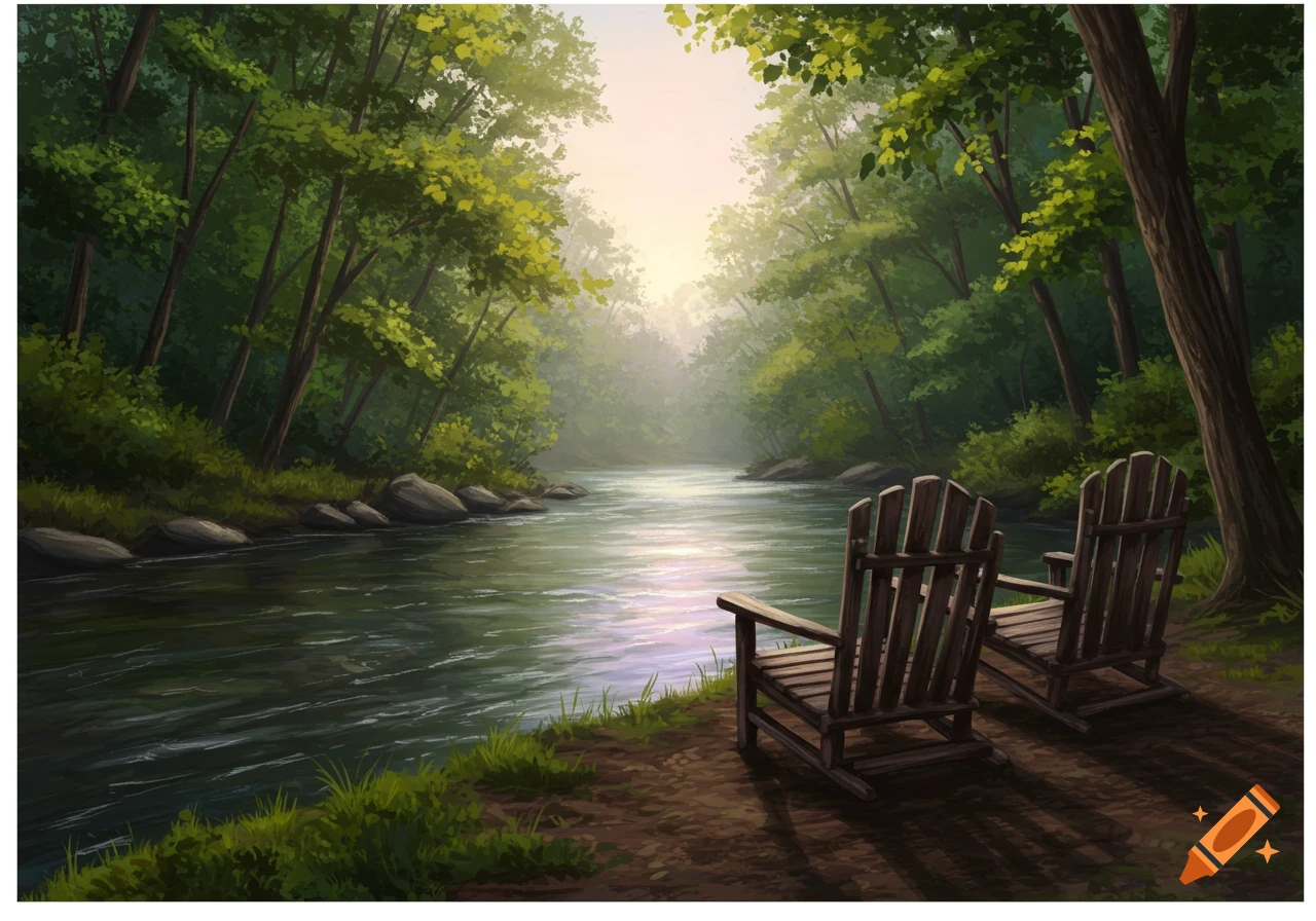 Two Adirondack chairs by a river in a sunlit forest, illustration.