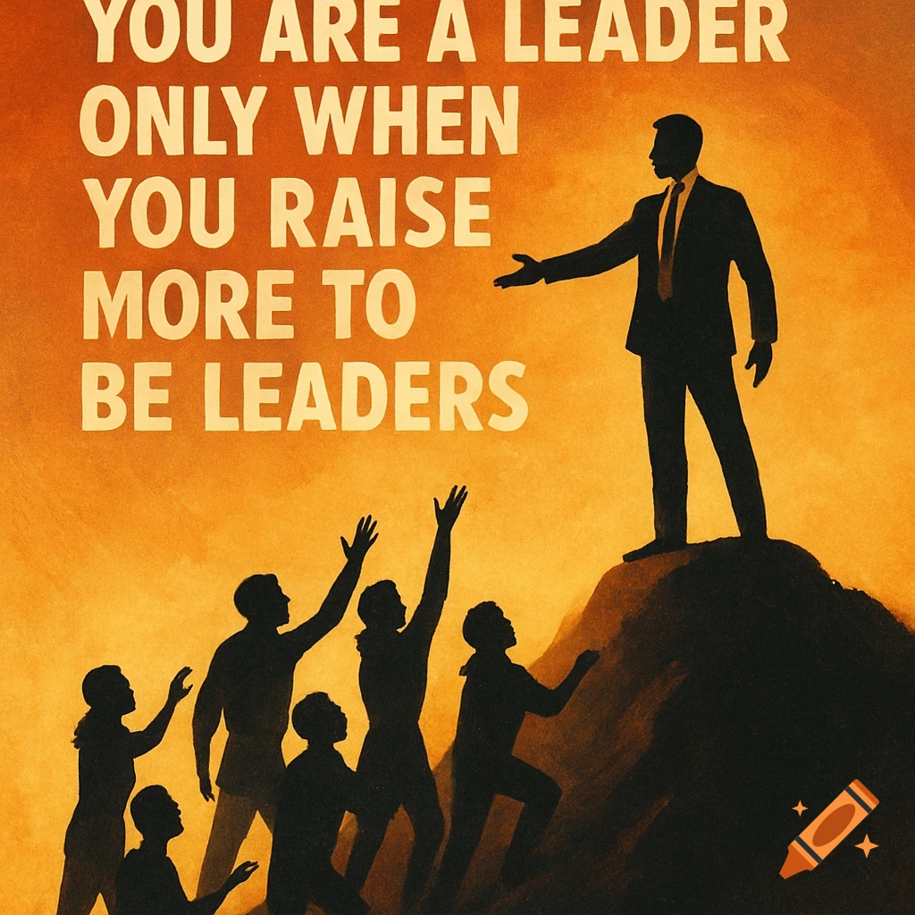Motivational poster with silhouettes of people climbing towards a leader figure.