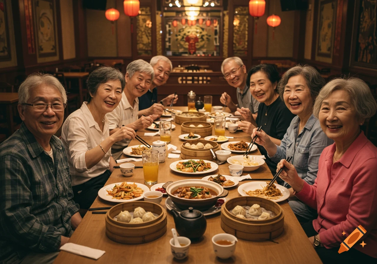 Group of seniors eating at a Chinese restaurant
