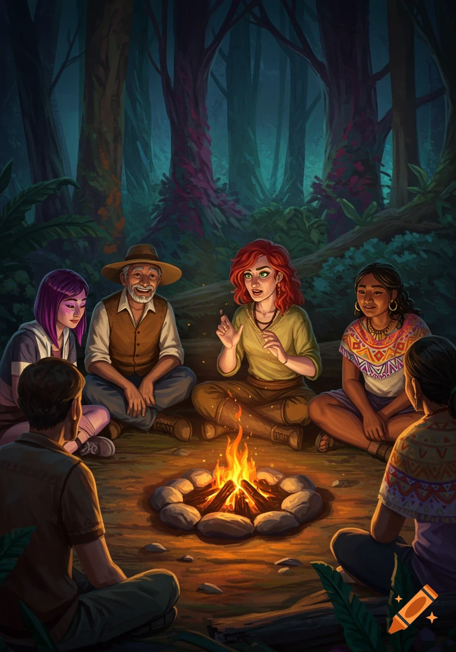 A diverse group of people sits around a campfire at night in a forest, one person speaking with gestures.
