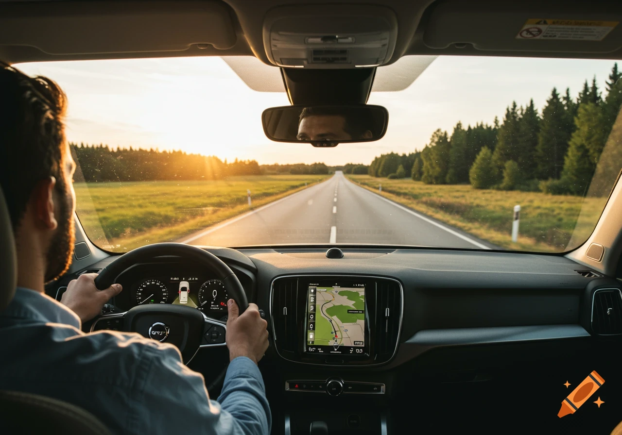 View from driver's seat looking down a road towards a sunset over fields and trees.