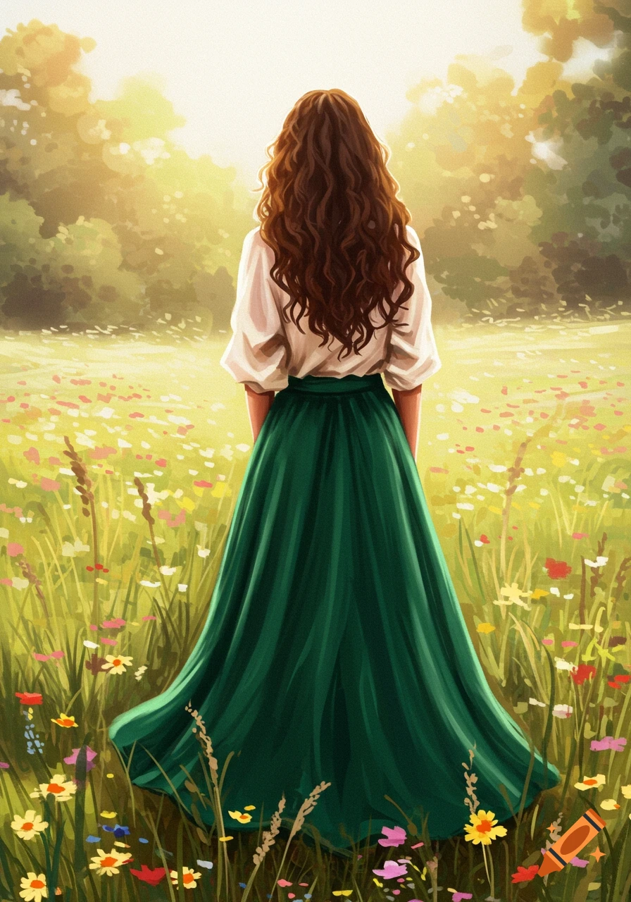 Back view of woman in white blouse and green skirt standing in a sunlit meadow with wildflowers, illustration