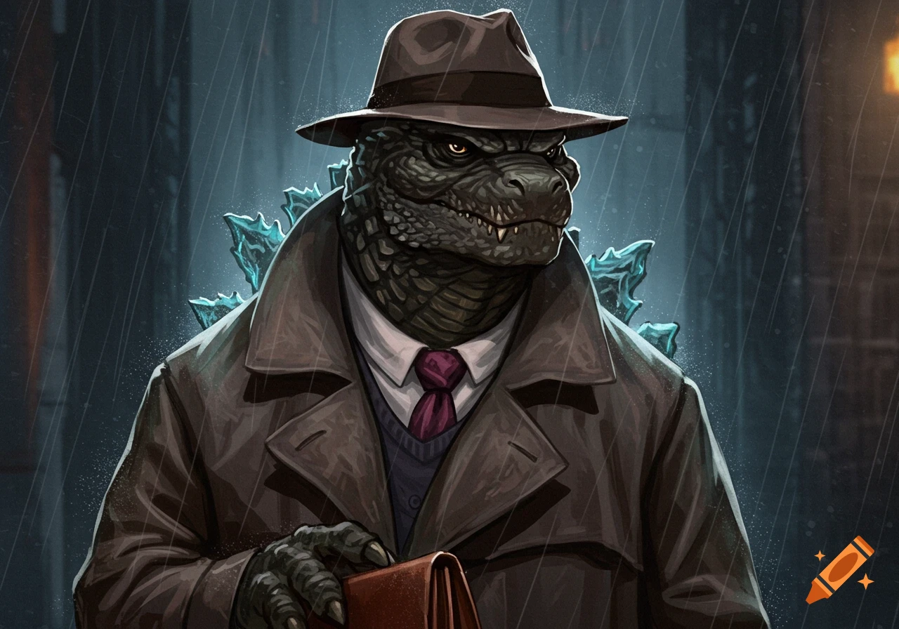 Illustration of Godzilla wearing a trench coat and fedora hat, holding a briefcase in the rain.