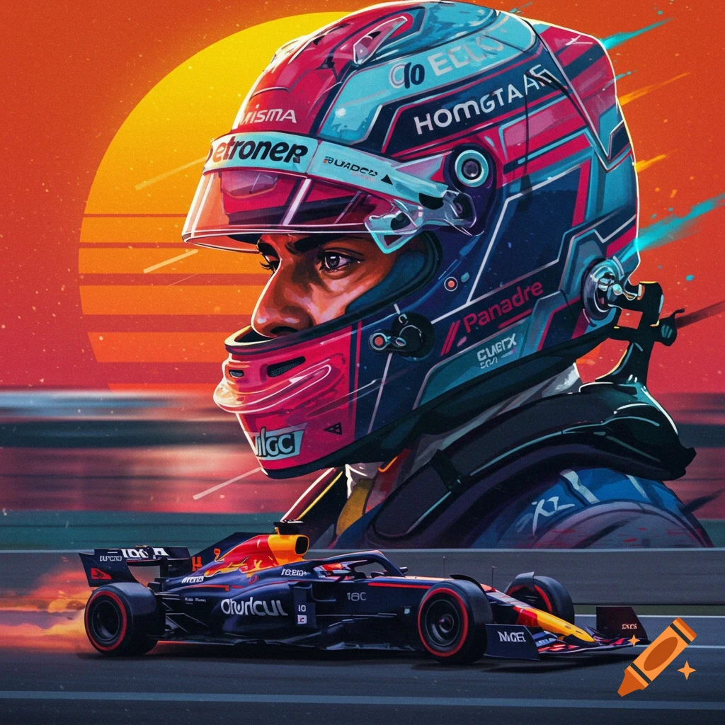 Stylized portrait of an F1 driver in a helmet with a racing car on the track against a sunset background.