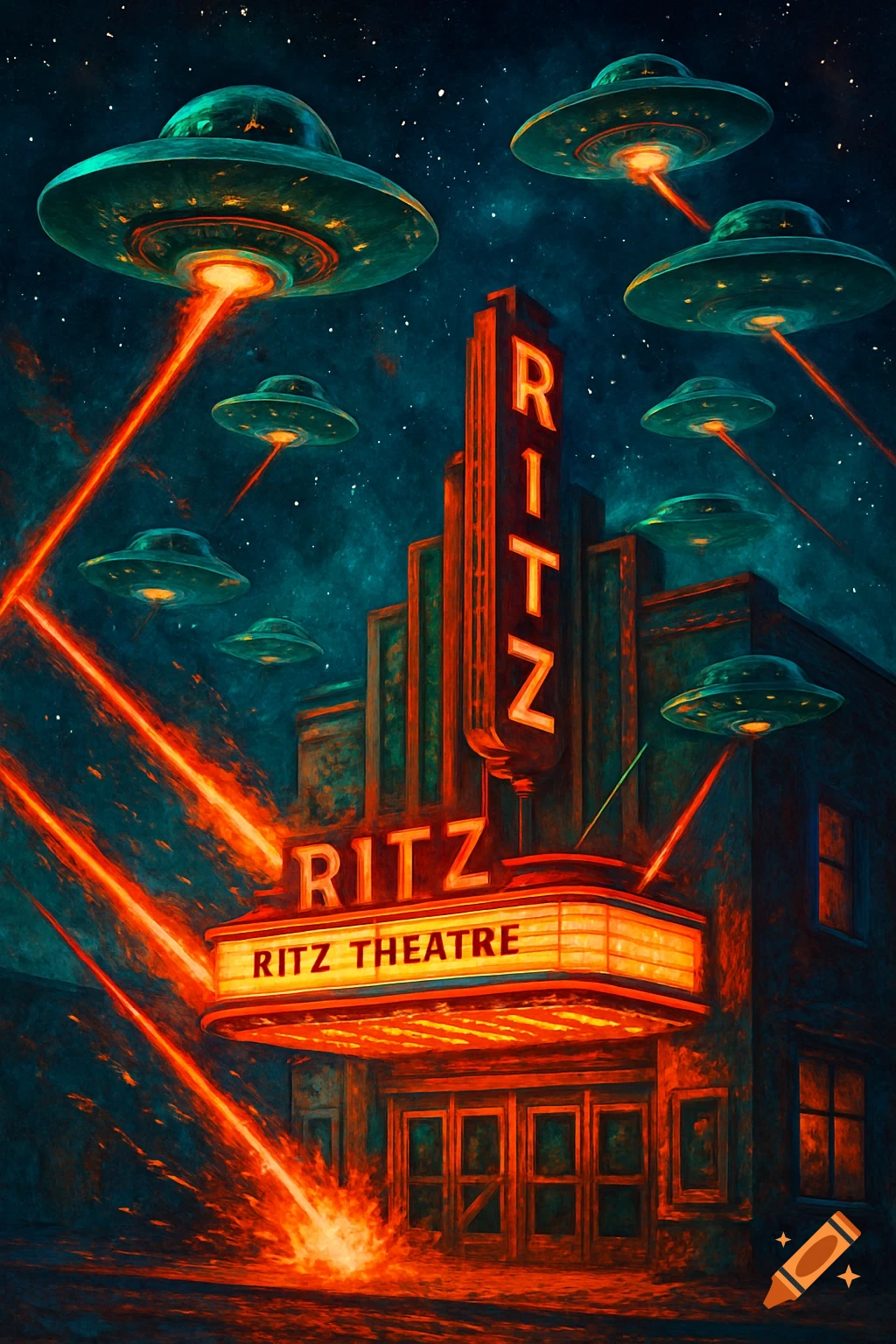 Alien saucers attack the Ritz Theatre with red lasers in a starry night sky, painted style.