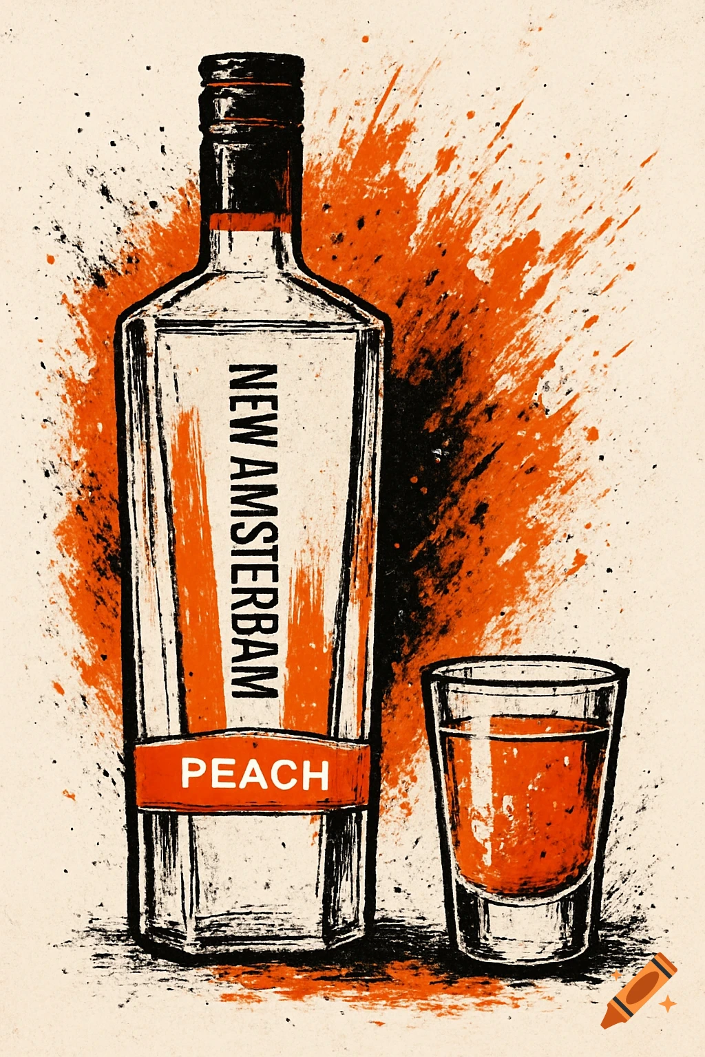A grunge illustration shows a bottle of New Amsterdam Peach vodka next to a shot glass with an orange liquid, against a background of orange and black splatters.