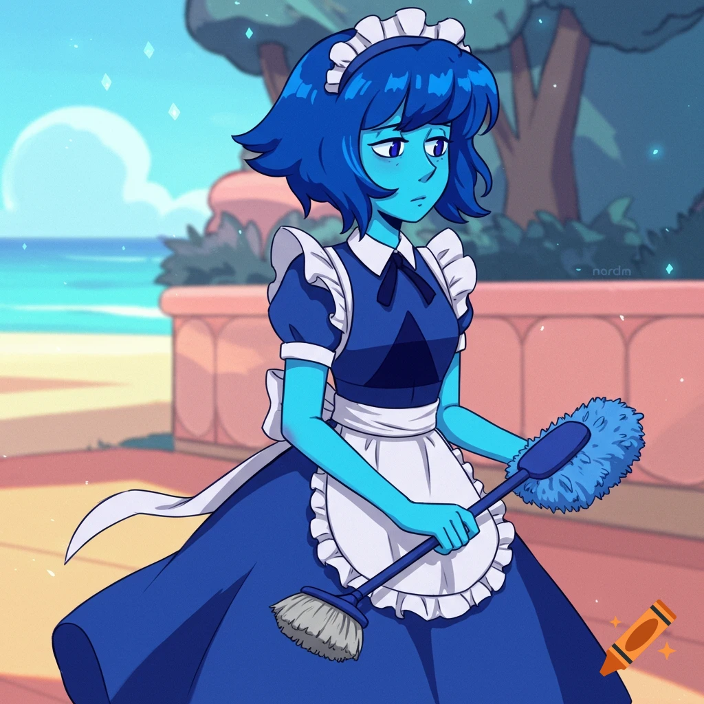 Lapis Lazuli from Steven Universe in a maid dress holding a broom and duster.