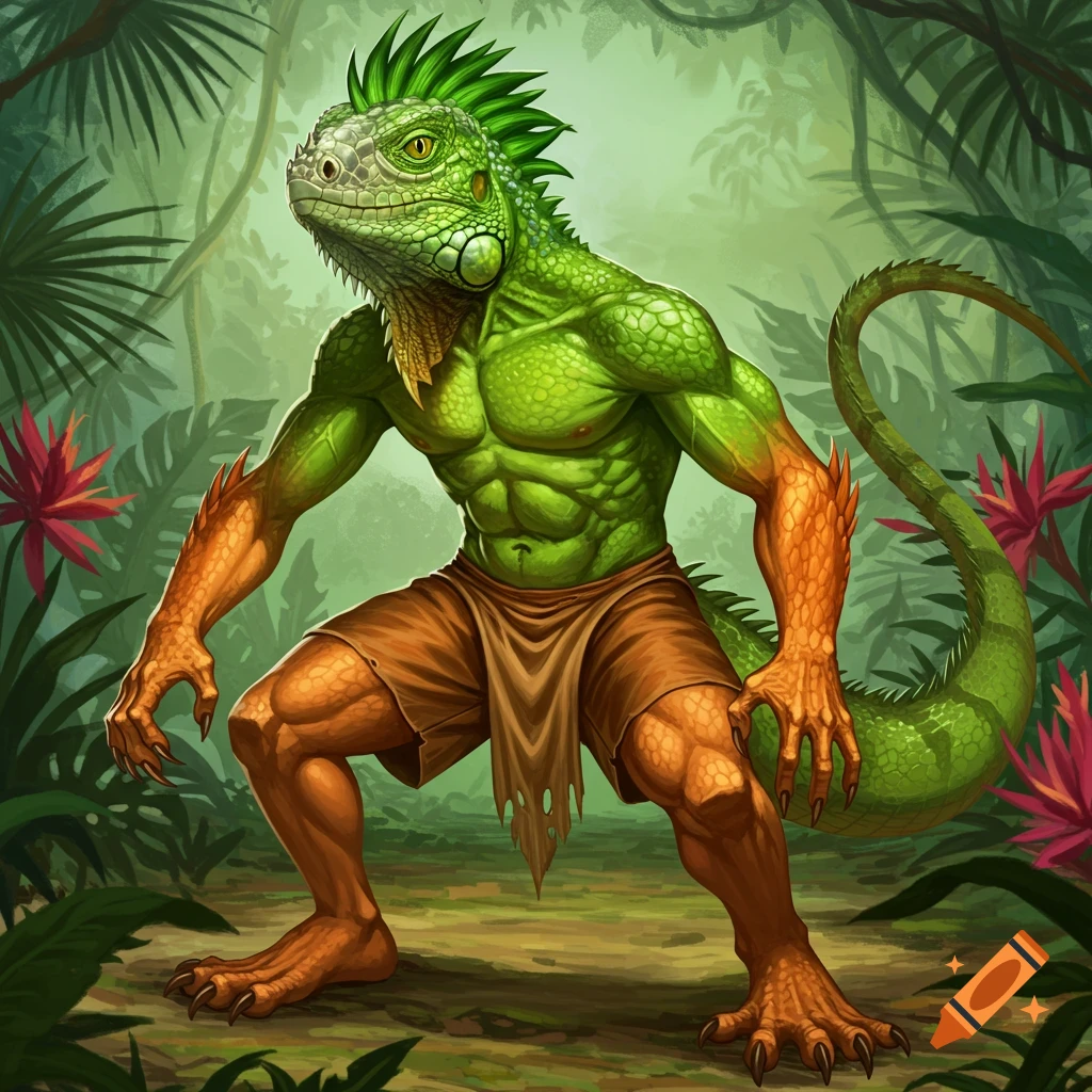 Anthropomorphic green iguana creature standing in a jungle.