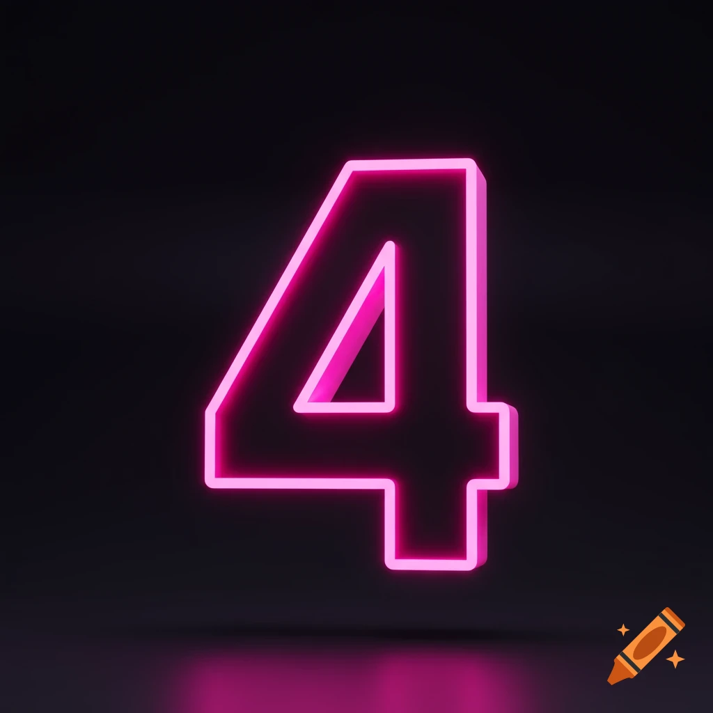 Pink neon number 4 with reflection on black background.