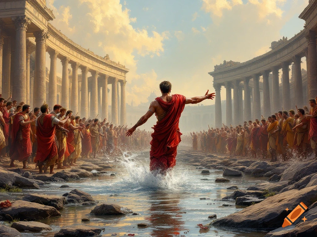 Figure in red toga stands in water addressing a crowd between ancient Roman buildings.