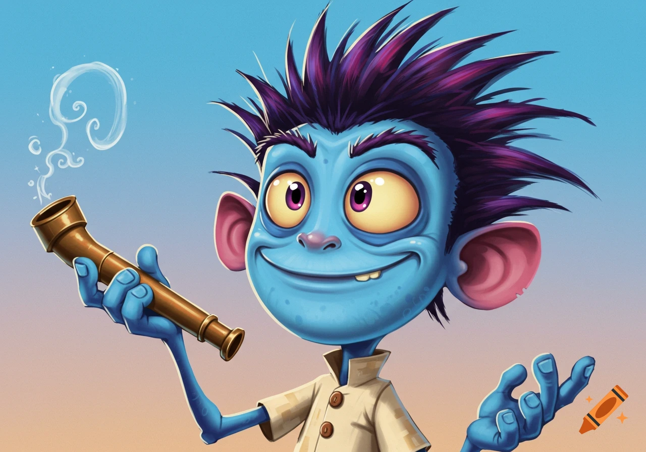Cartoon creature with blue skin and purple hair holding a pipe