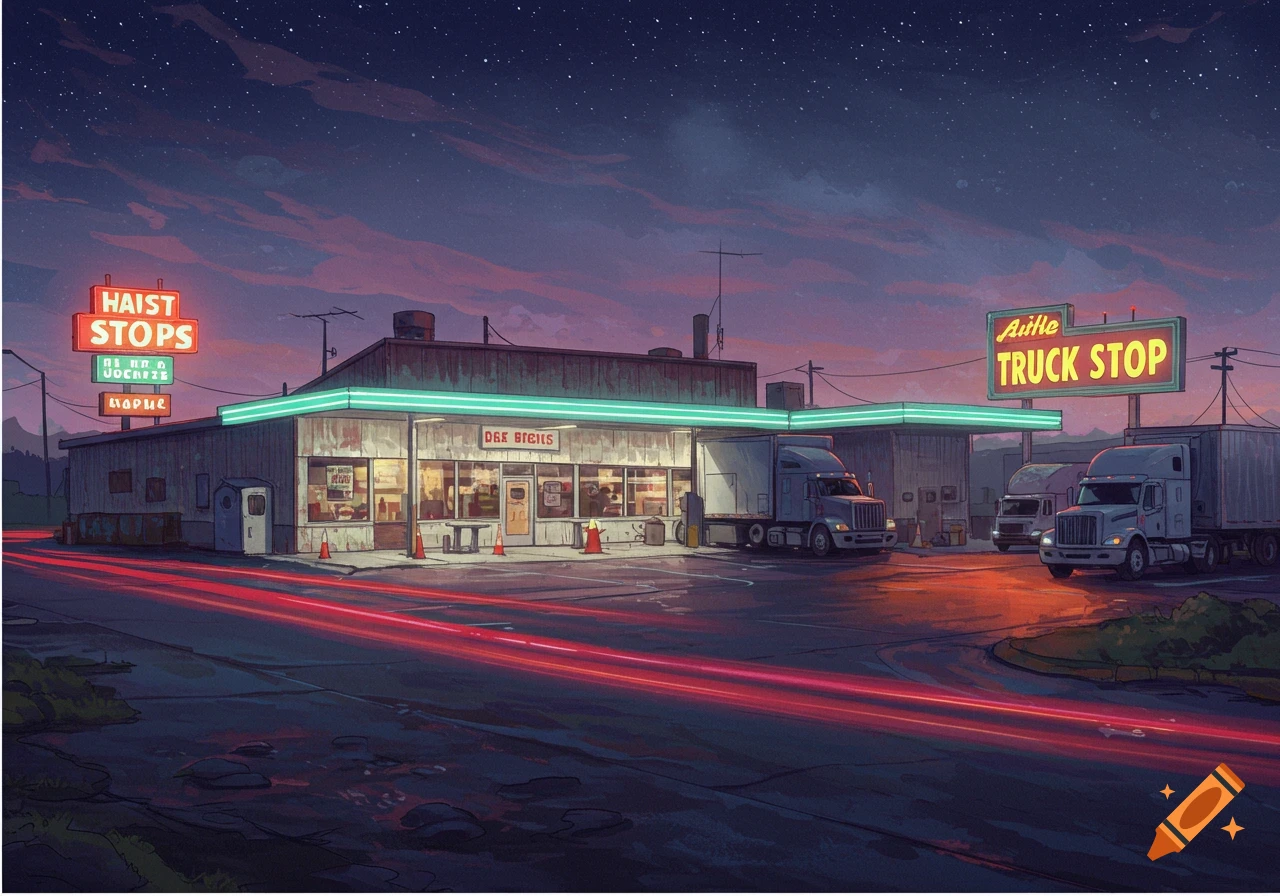 Stylized illustration of a truck stop at night with trucks and neon signs.