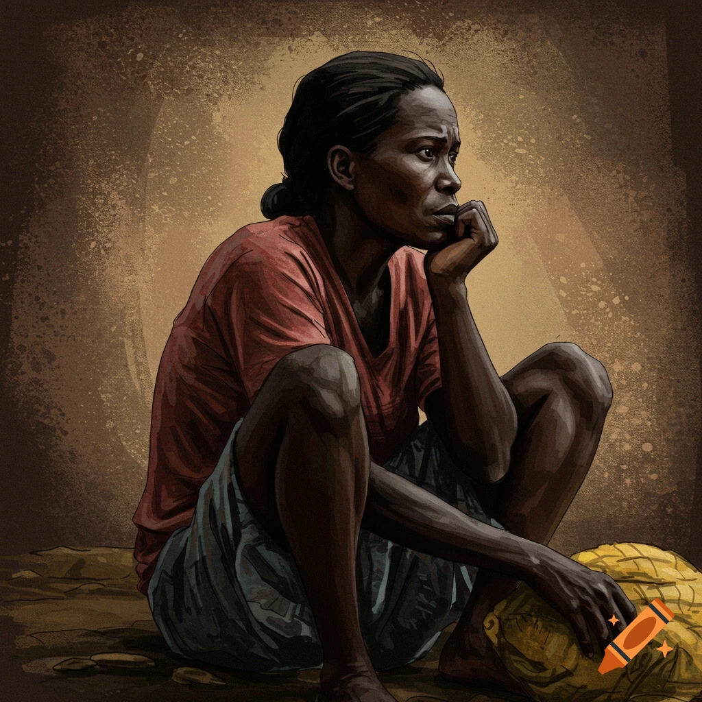 A woman squats with her head in her hand, looking away. Illustration style.