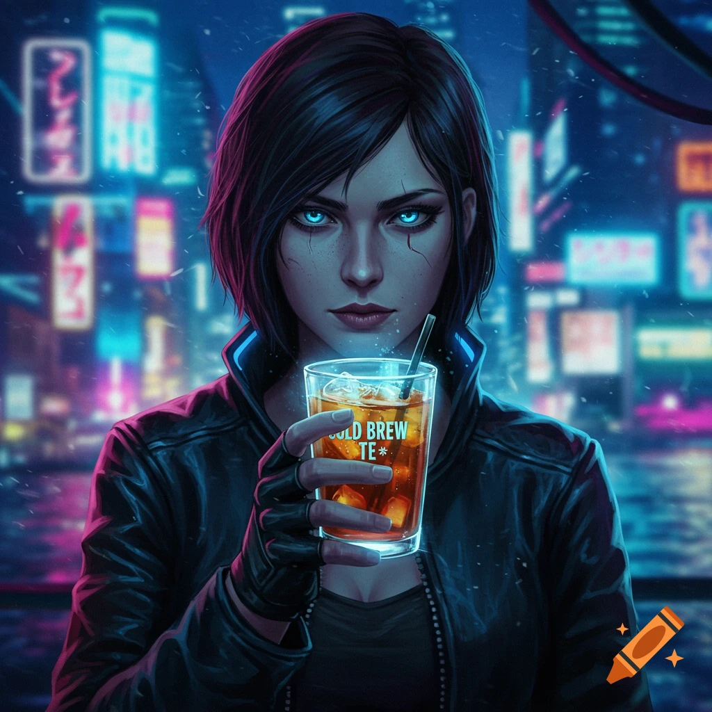 A woman in a cyber city holds a glass of iced tea. Digital art style.