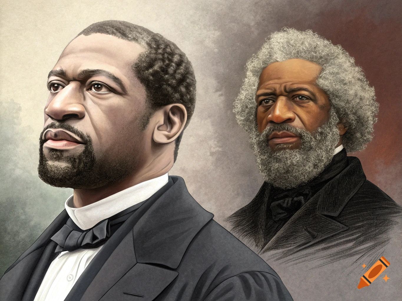 Portraits of George Floyd and Frederick Douglass in a painted style.