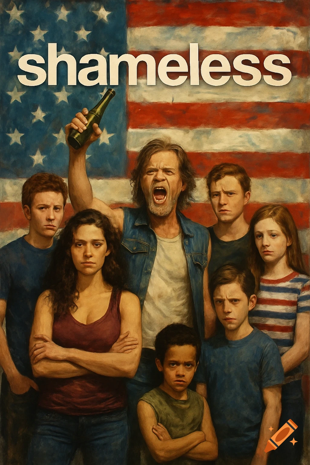 Painting of the cast of Shameless in front of an American flag, with the title "shameless" above.