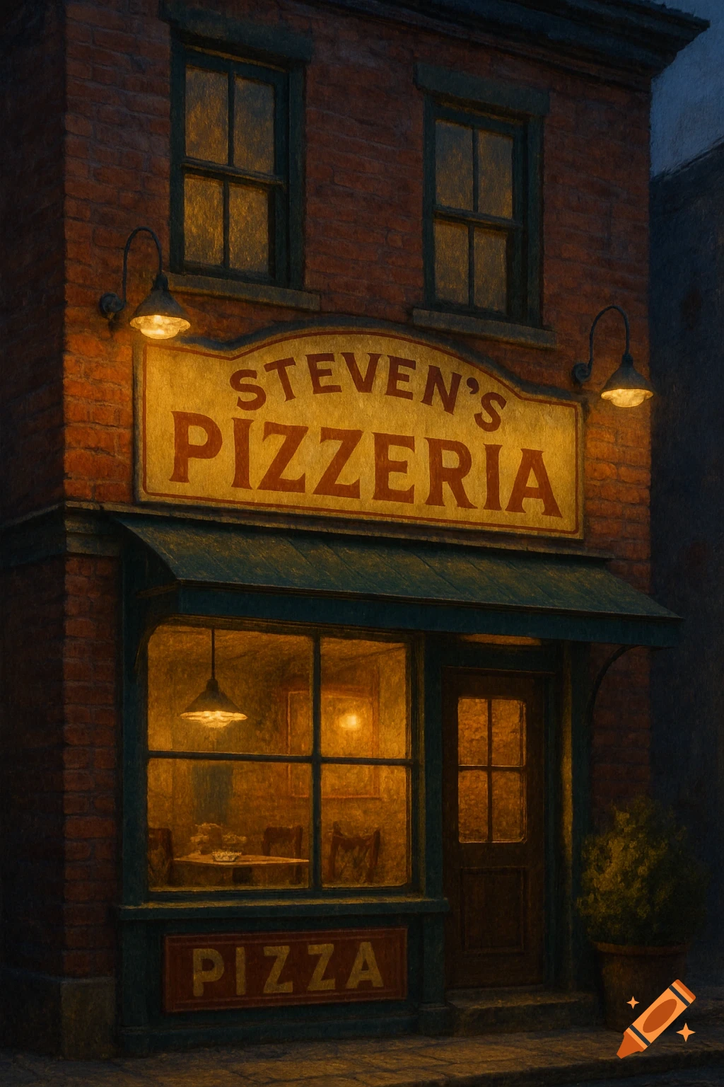 An illustration of a dimly lit pizza shop storefront at night with a sign that reads "Steven's Pizzeria".