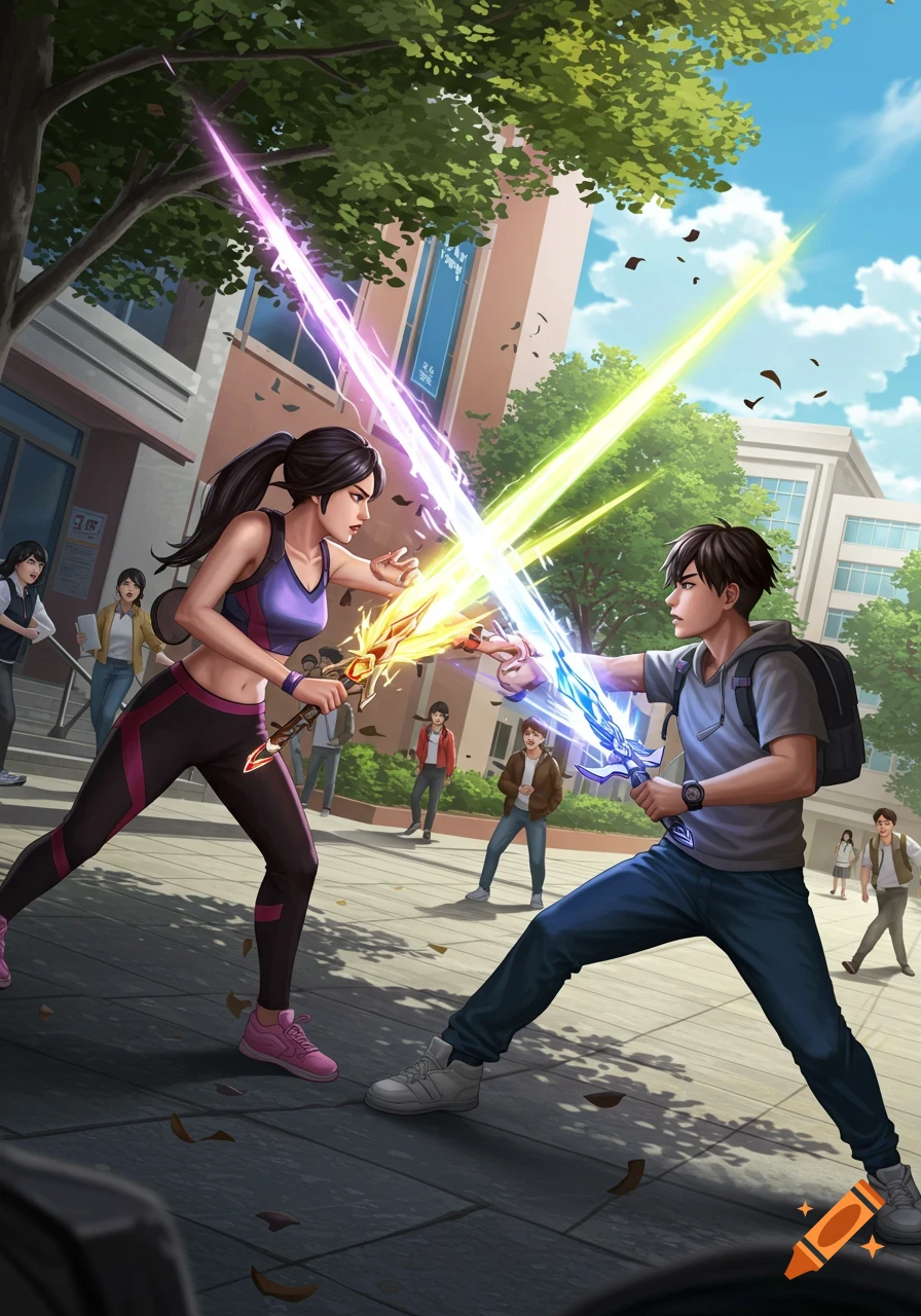 Digital illustration of two young people battling with glowing swords on a campus plaza with spectators.