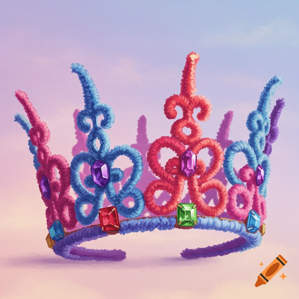 A colorful pipe cleaner crown decorated with shiny gems.