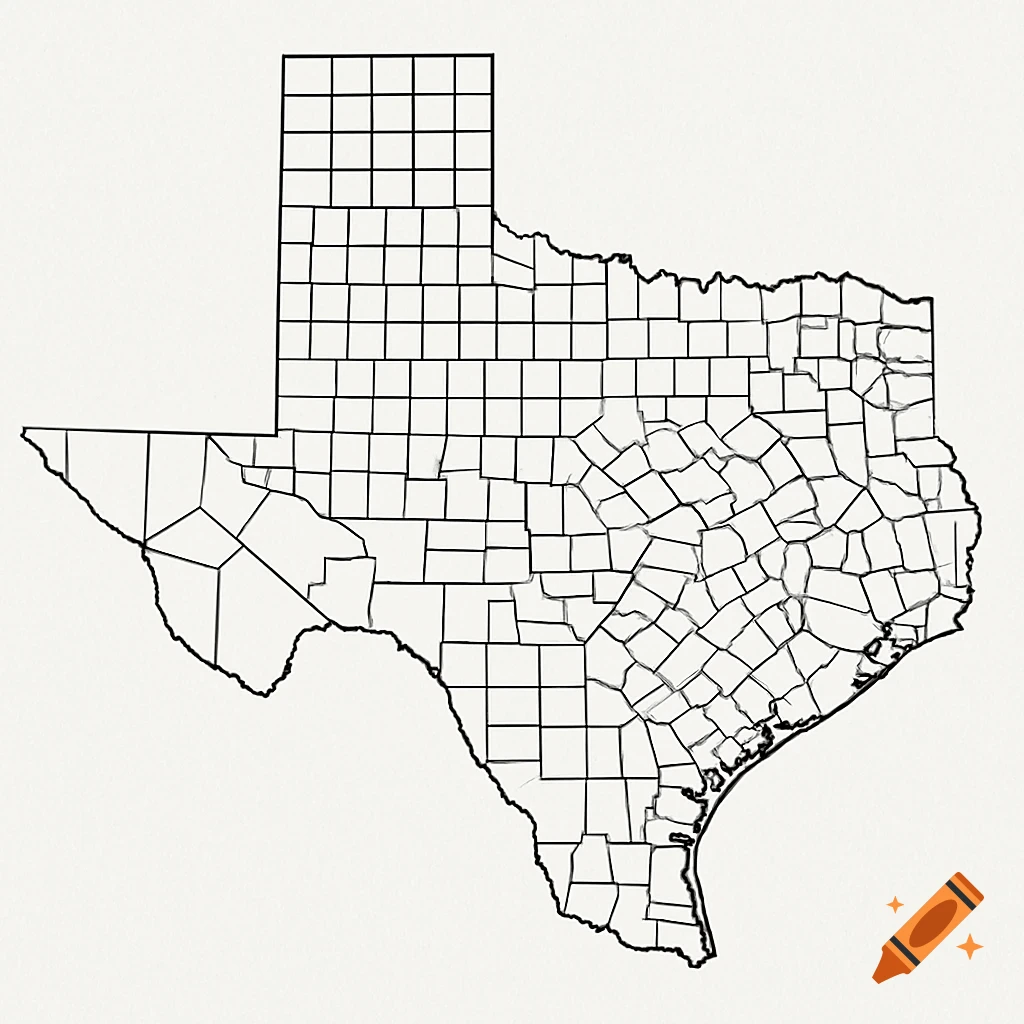 Black and white line drawing of Texas showing county outlines.