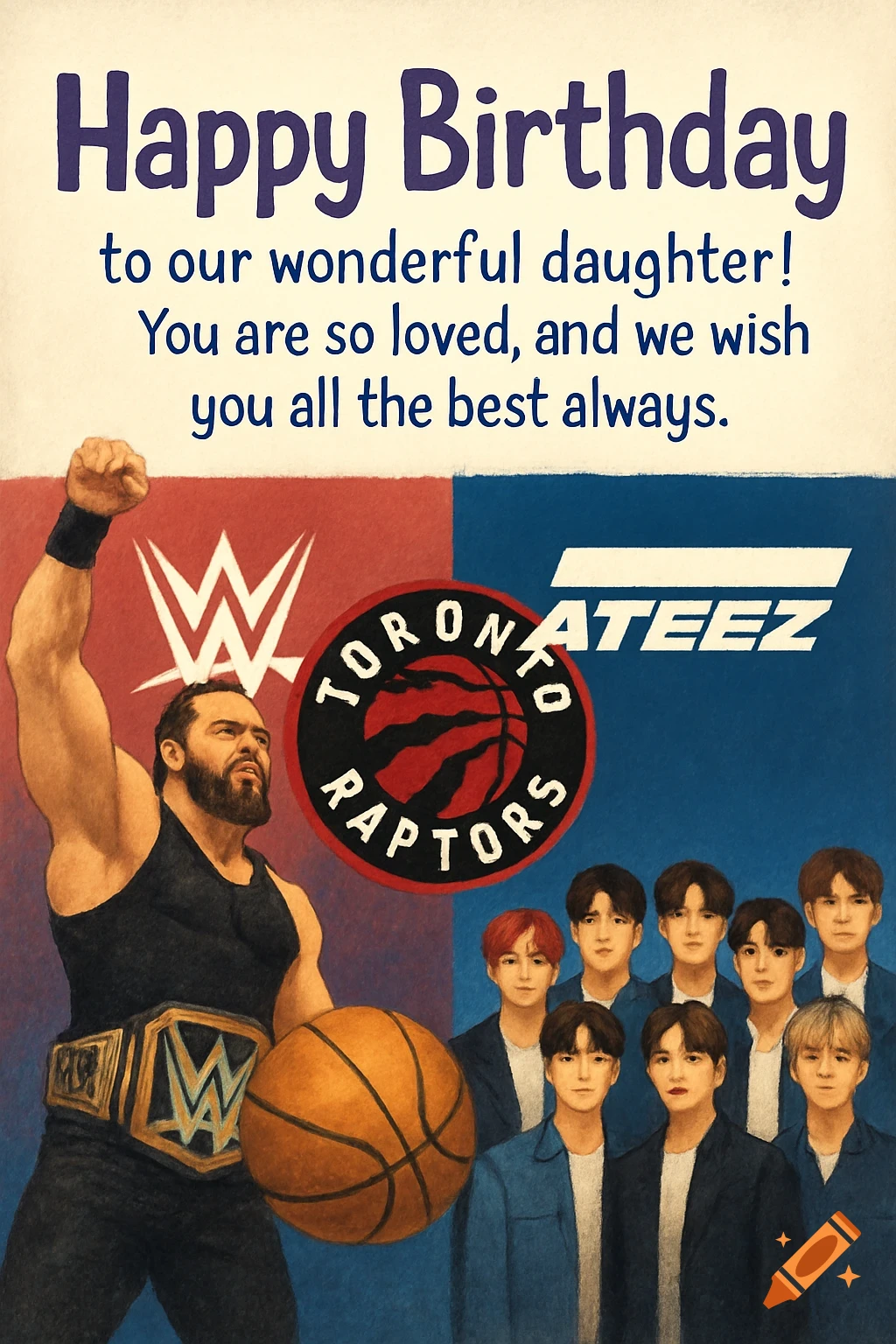 Illustration of a wrestler with a basketball, wrestling belt, WWE logo, Raptors logo, ATEEZ logo, a group of people, and birthday text.