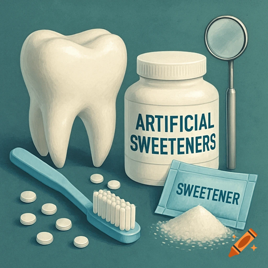 Illustration of a large tooth, toothbrush, bottle of artificial sweeteners, packet of sweetener, and dental mirror.