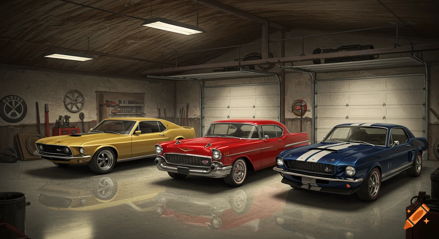 Three classic cars parked in a garage.