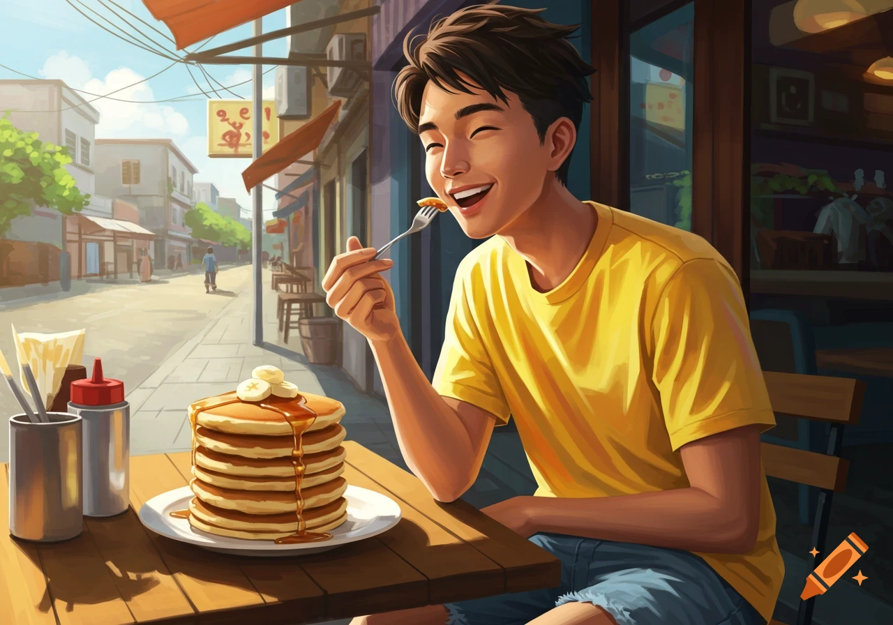 An anime-style illustration of a person happily eating a stack of pancakes at an outdoor table on a sunny street.