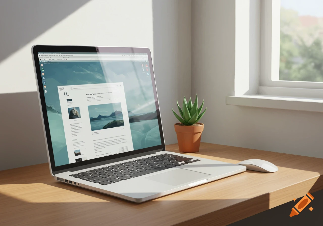 Laptop on a wooden desk with a plant and sunlight from a window.