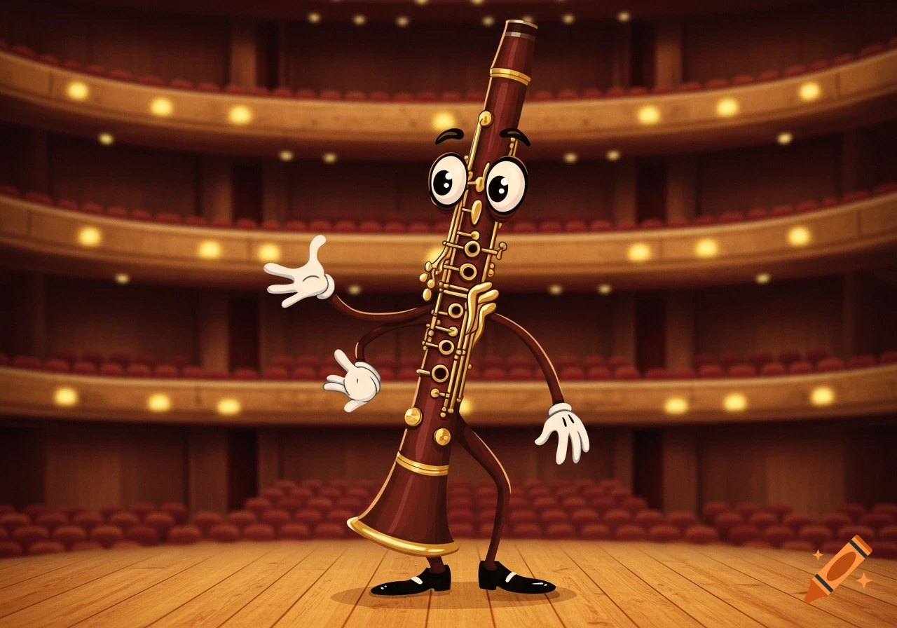 A cartoon clarinet character stands on a theatre stage, smiling.