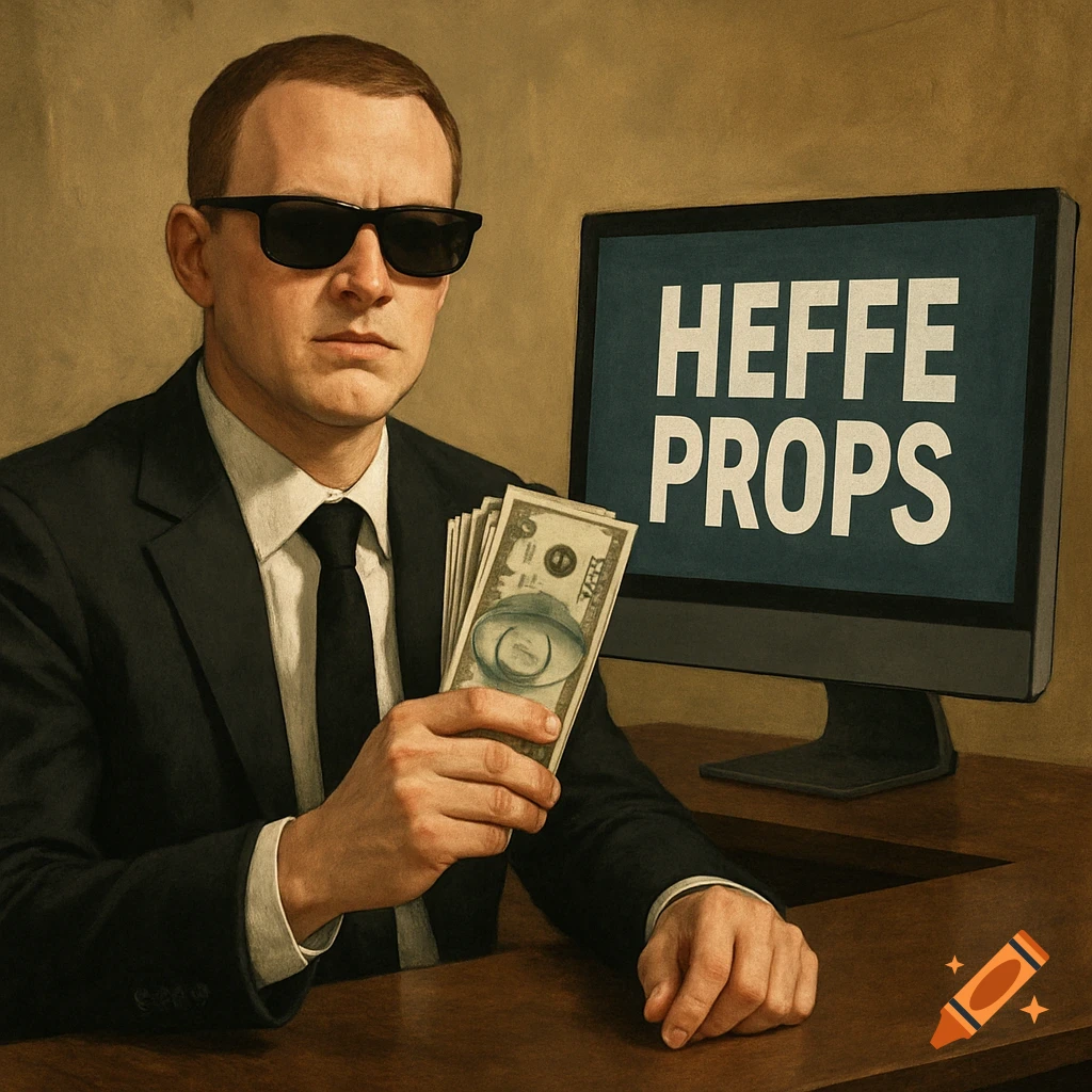 Man in suit and sunglasses holding cash at a desk with a computer ...