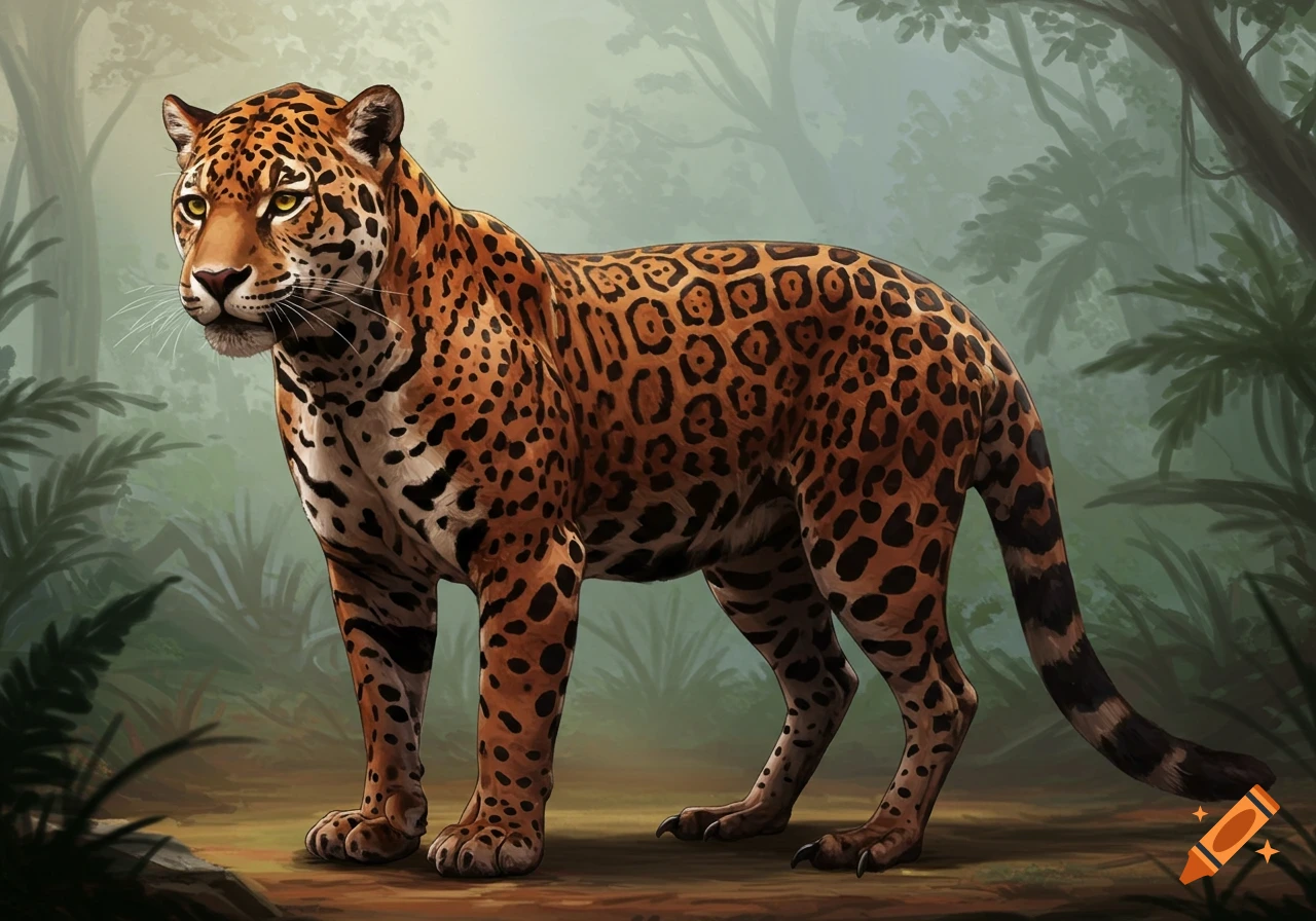 Detailed illustration of a jaguar in a jungle.