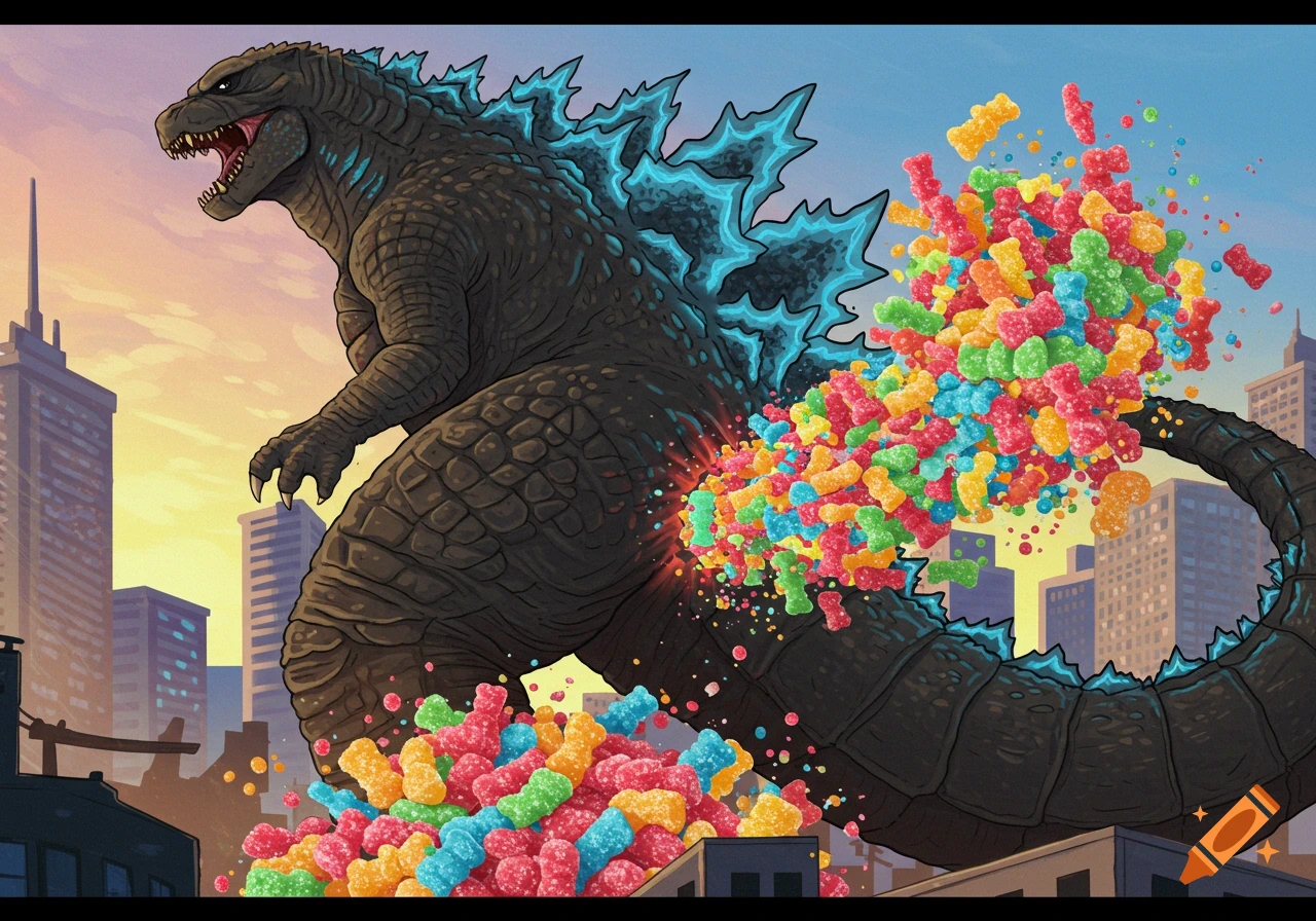 Cartoon illustration of Godzilla in a city releasing a stream of colorful gummy bears from his rear.