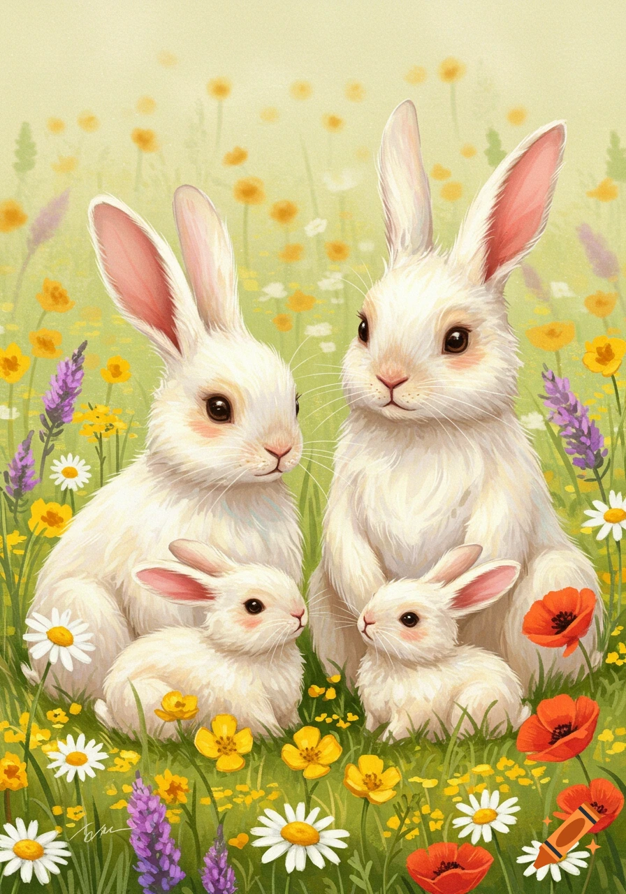 A family of white rabbits sits together in a field of colorful spring flowers, illustration style.