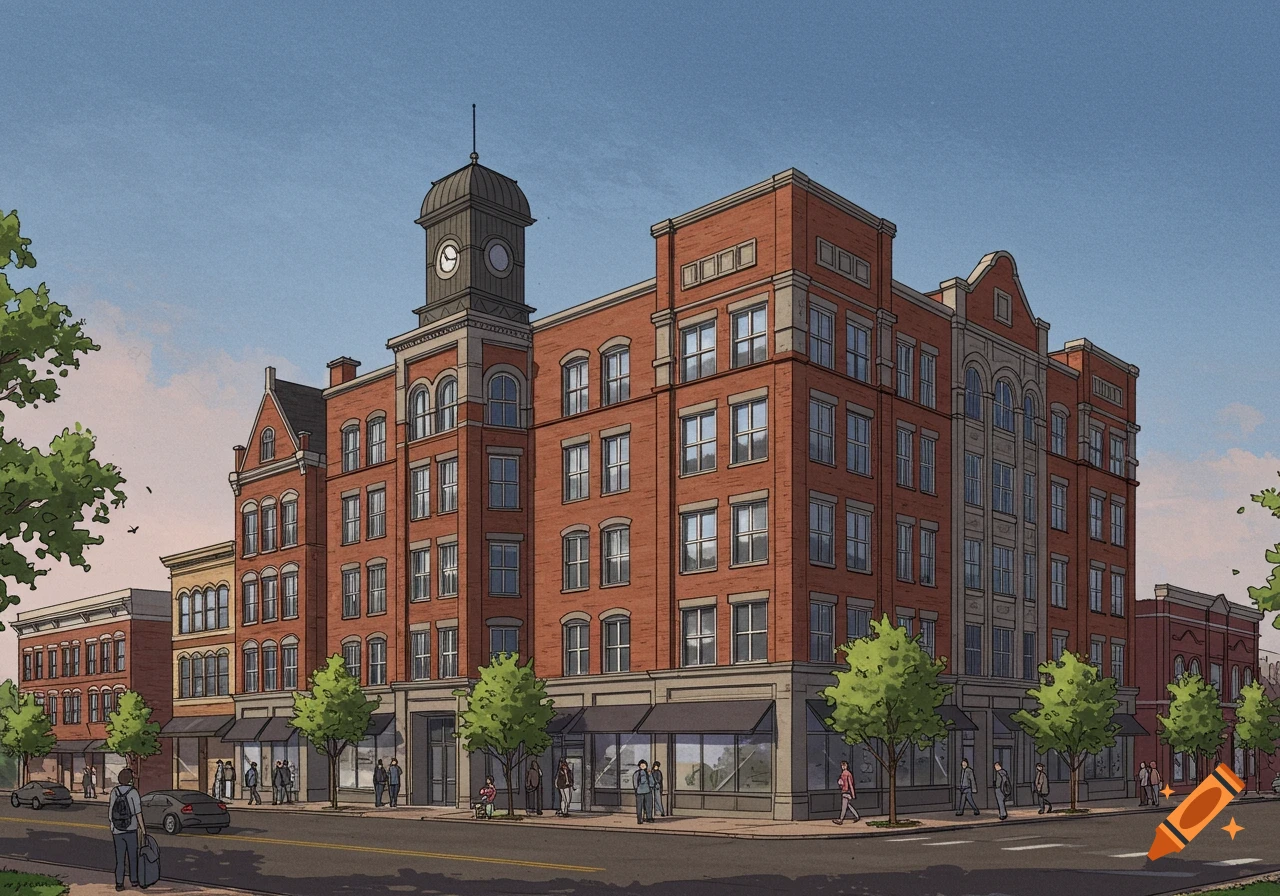 Illustration of a brick mixed-use building with retail and apartments along a street.