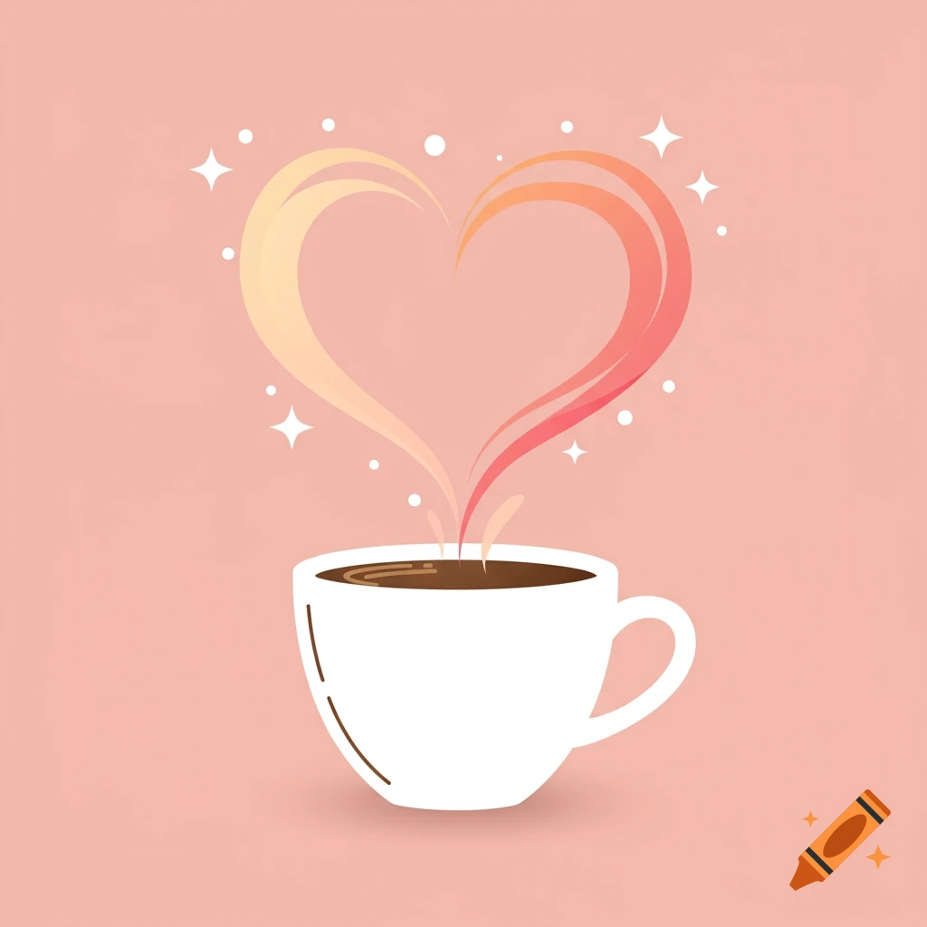 Minimalist illustration of a white coffee cup with heart-shaped steam and sparkles on pink background.