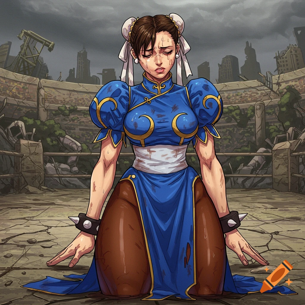 Chun Li from Street Fighter kneels defeated in a ruined arena illustration.