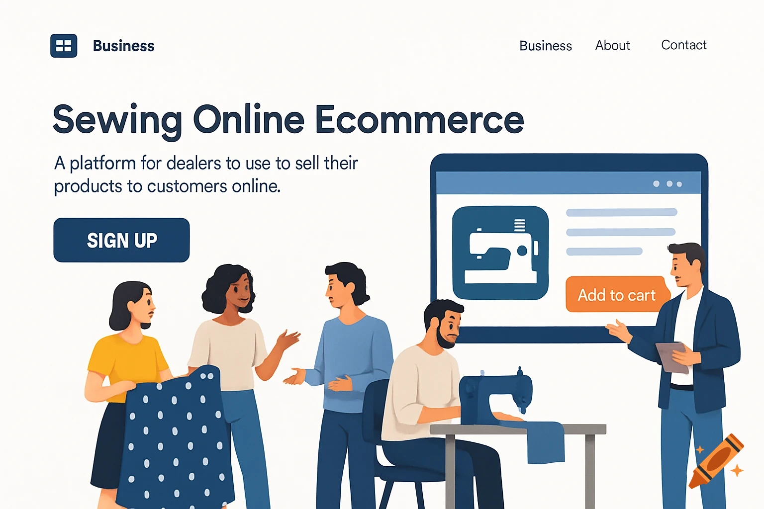 Illustration of people discussing a sewing e-commerce website interface with sewing machine icon and 'Sign Up' button.