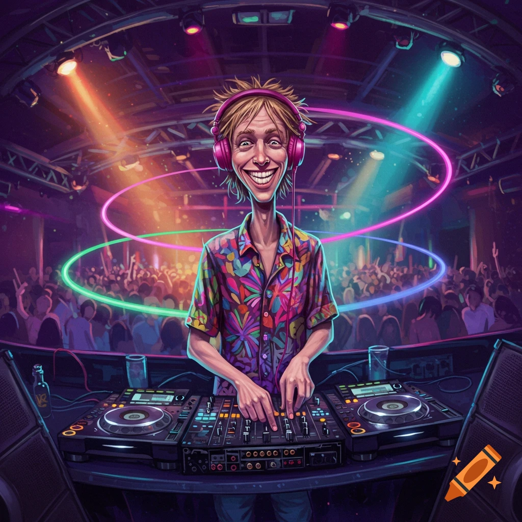 Exaggerated illustration of a lanky DJ smiling and mixing music at a colorful club party with lights and a crowd